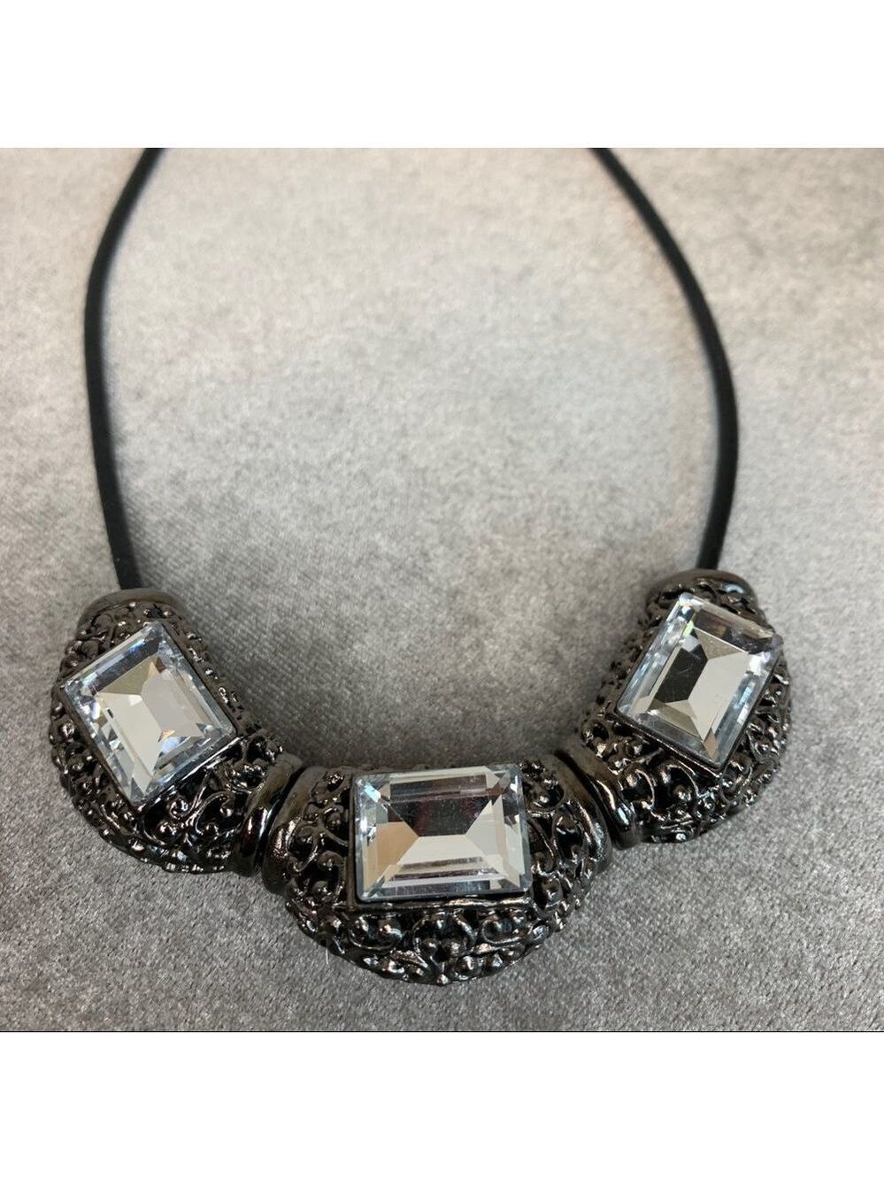 DARK silver tone clear rhinestone jewel costume jewellery necklace